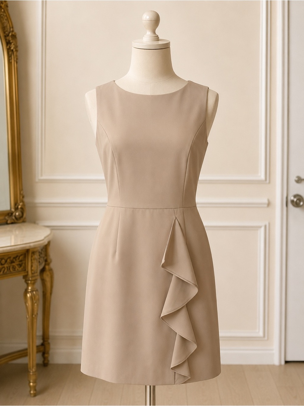 Studio Beige Sleeveless Ruffle Sheath Dress Size 8 Career Cocktail Wedding Guest